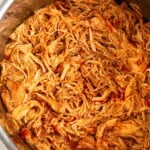 Instant Pot filled with shredded bbq chicken.