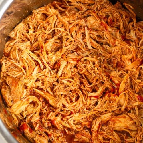 Instant Pot filled with shredded bbq chicken.