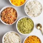 Overhead shot of 6 bowls with 6 different instant pot rice recipes.