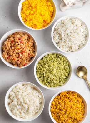 Overhead shot of 6 bowls with 6 different instant pot rice recipes.