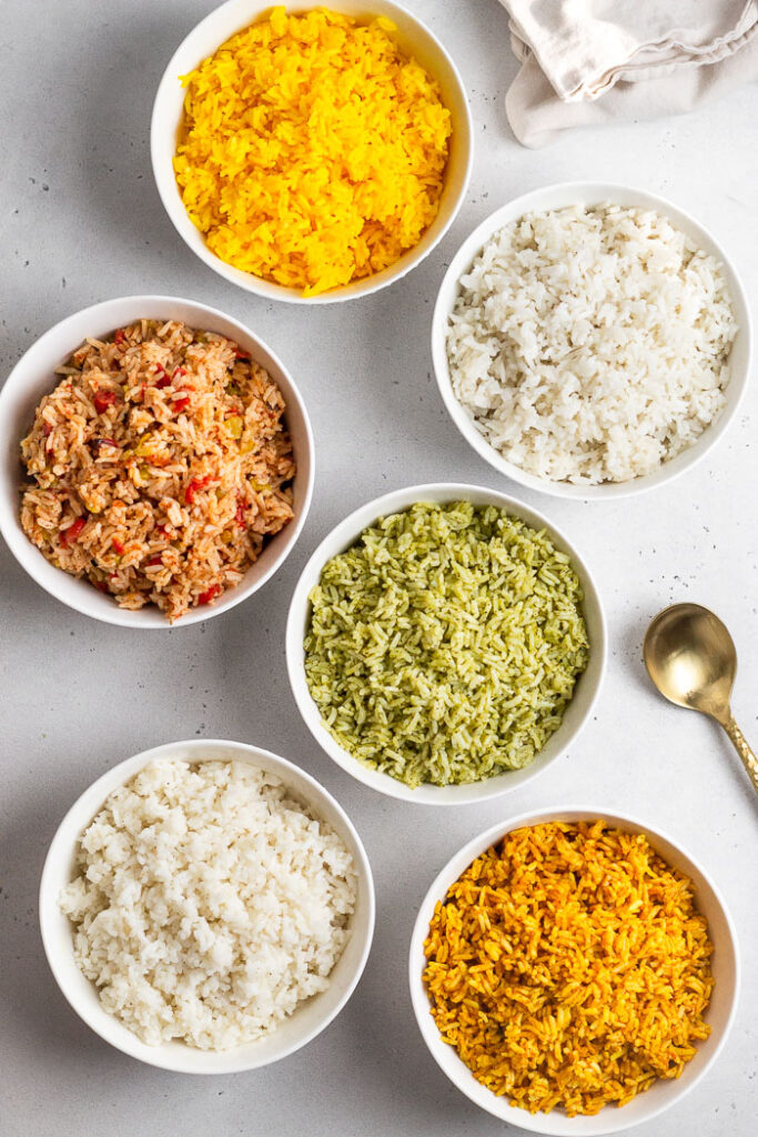 Overhead shot of 6 bowls with 6 different instant pot rice recipes.