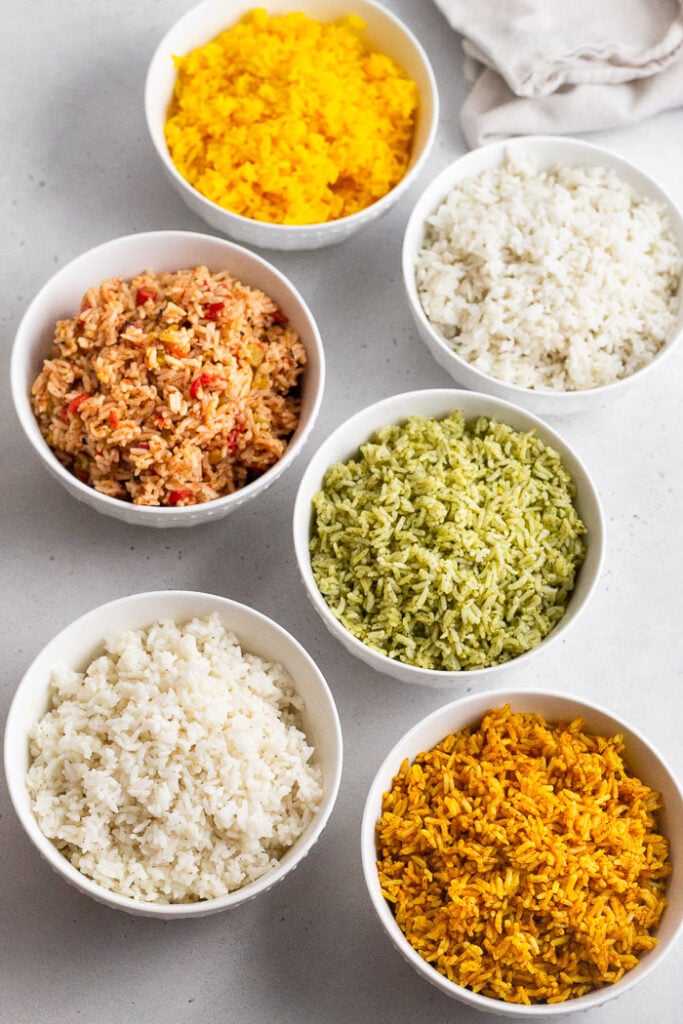 6 different instant pot rice recipes in different bowls.