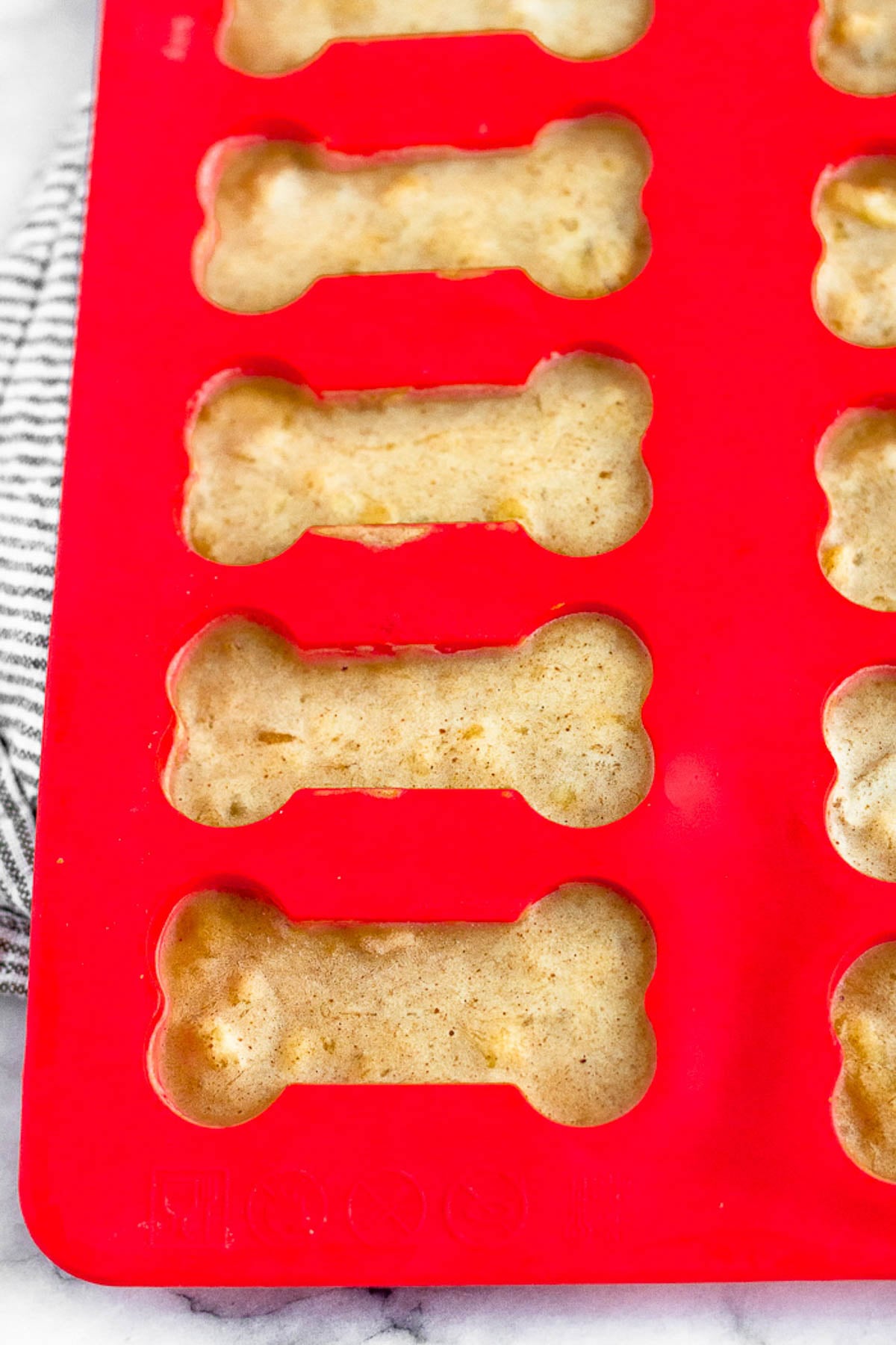Dog bone silicone molds with frozen peanut butter dog treats in them.