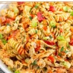 Close up of buffalo chicken salad pasta in a large bowl.