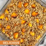 Peach baked oatmeal with fresh peaches, rolled oats, and cinnamon.