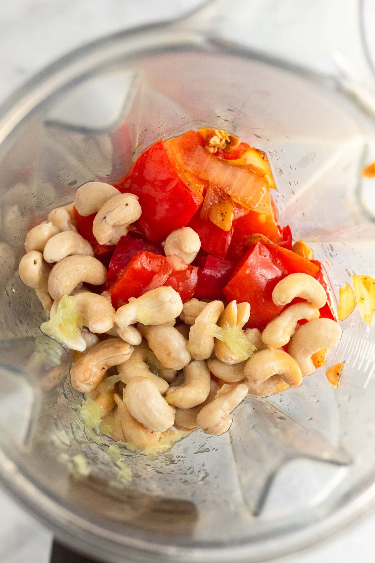 Blundered filled with sautéed peppers, onions, garlic, soaked cashews, and lemon juice.