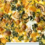 Overhead shot of a healthy pumpkin quiche with kale and mushrooms.