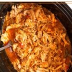 Salsa shredded pork chops in a crockpot.