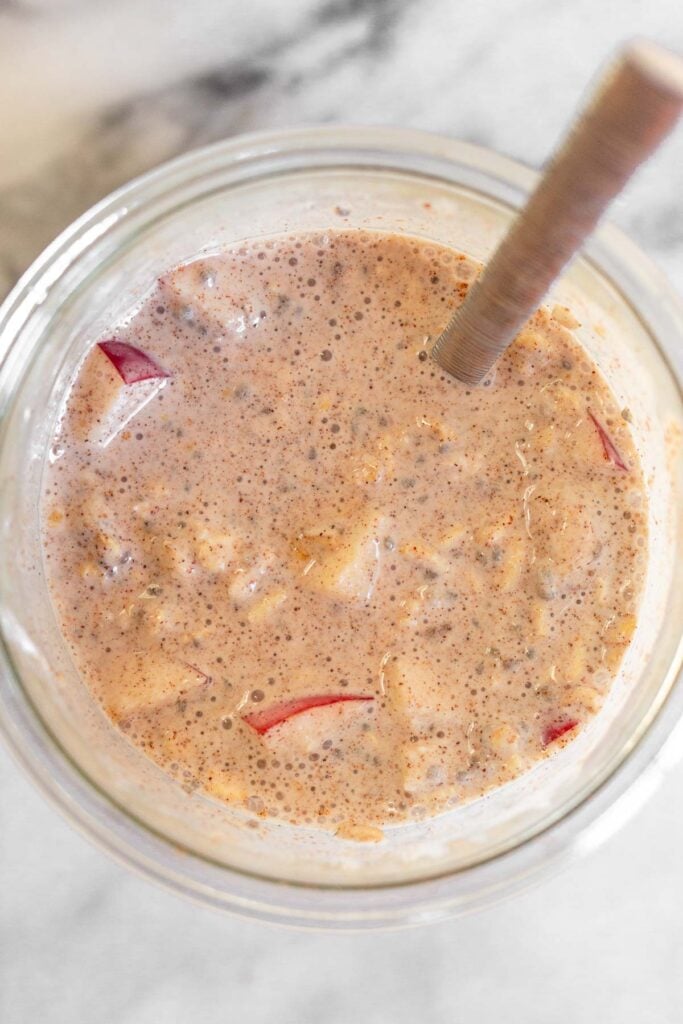 Overnight oats in a jar before they set in the fridge.