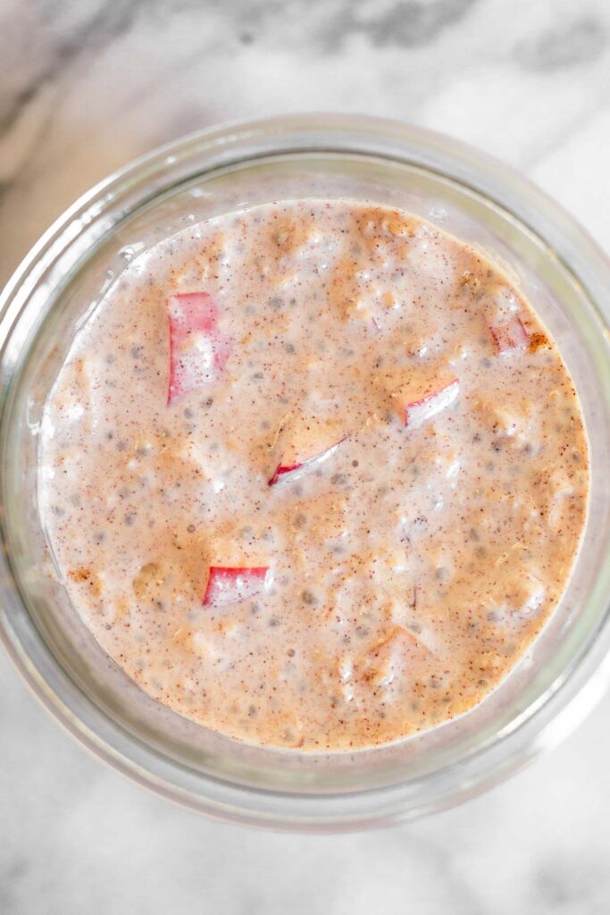Overhead shot of apple overnight oats in a jar.