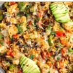 Chicken and quinoa skillet with veggie and cheese topped with avocado and cilantro.