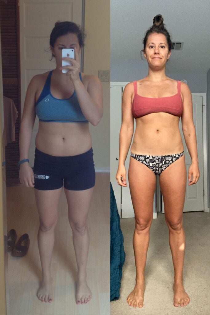 A side by side comparison of the same woman. She is at the same weight but with different body compositions.