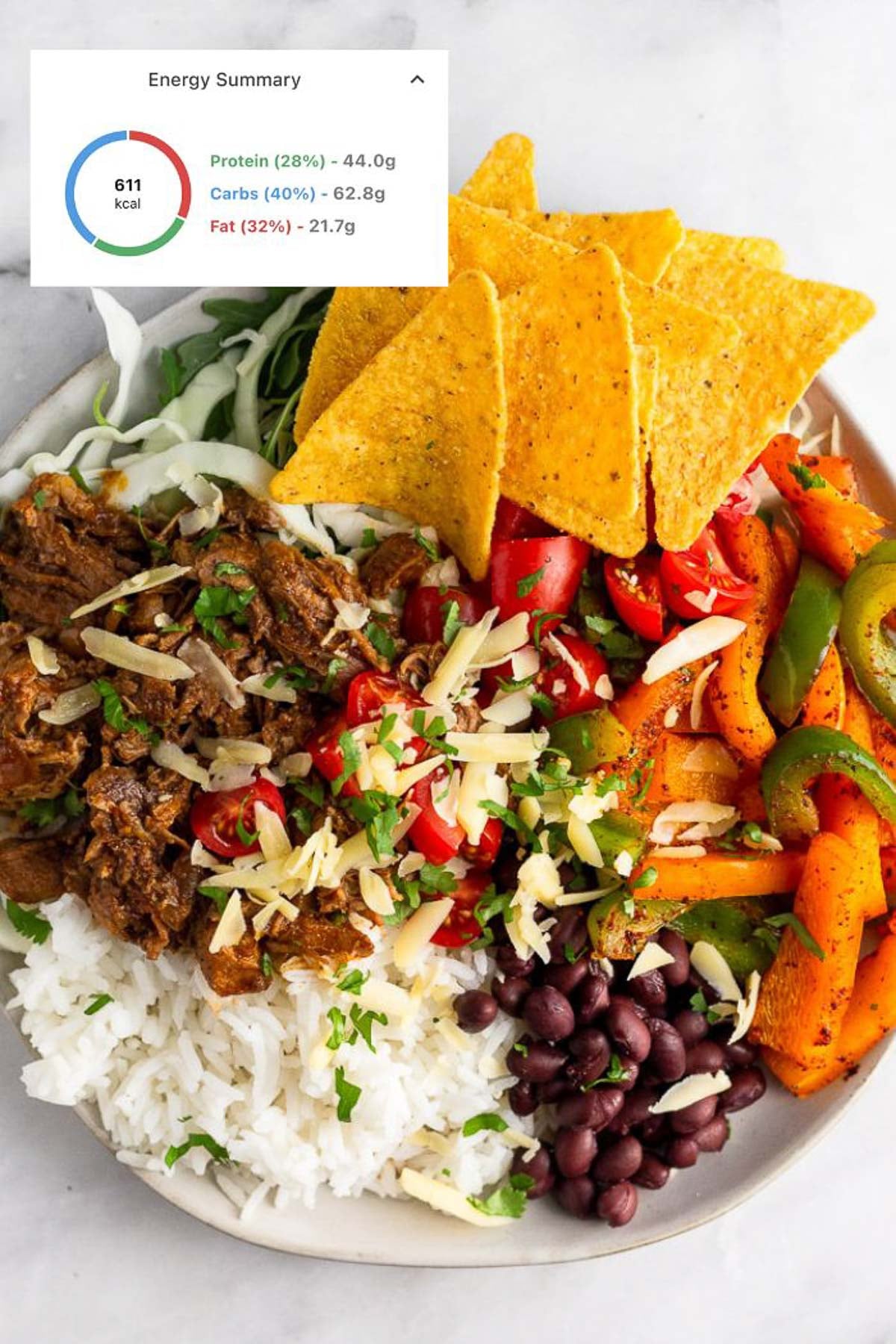 Large plate of food with meat, rice, chips, veggies, beans, and topped with cheese. There is also a screenshot of the calories and macro breakdown to learn how to count macros.