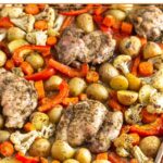 Sheet pan za'atar chicken with roasted potatoes, carrots, cauliflower, and red bell peppers.