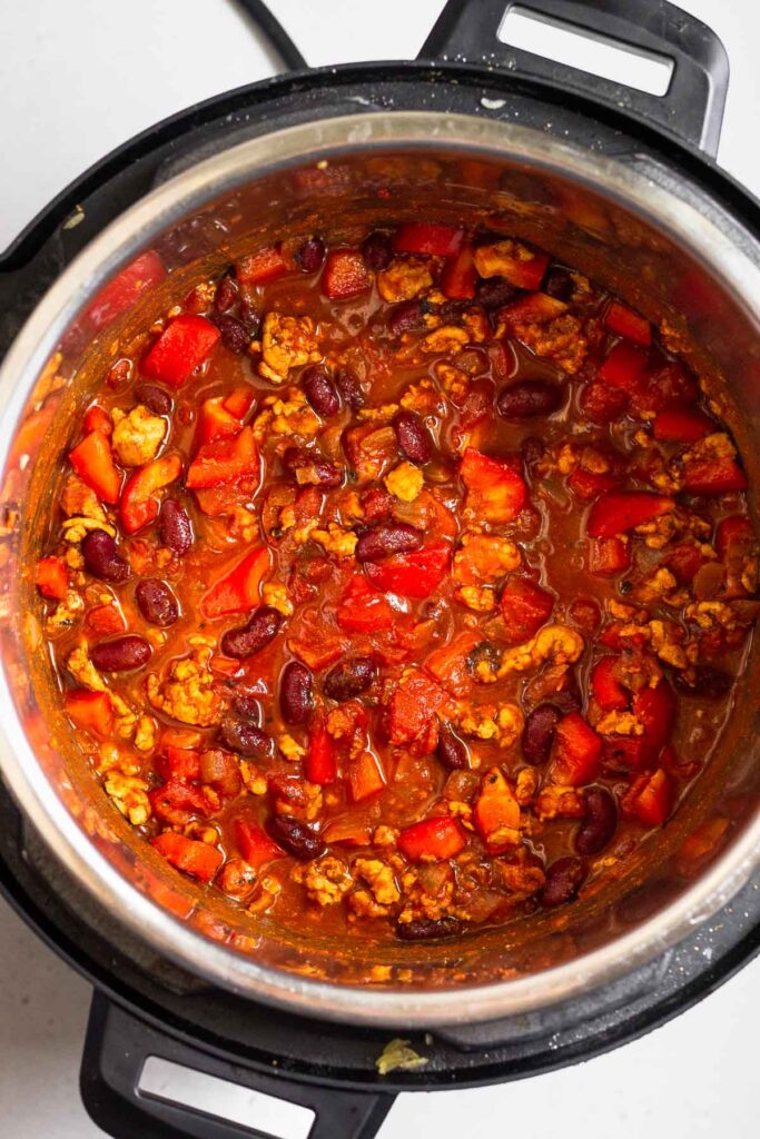 Overhead shot of turkey chili in an instant pot.
