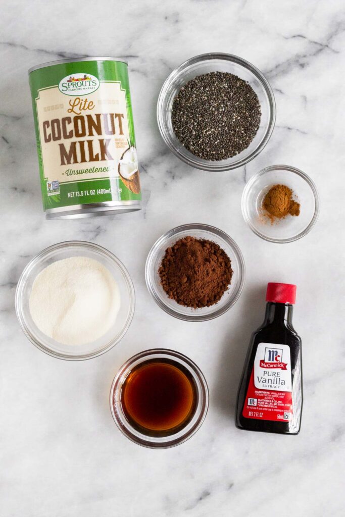 Marble counter with a bowl of chia seeds, a bowl of cinnamon, a container of vanilla extract, a bowl of cocoa powder, a bowl of maple syrup, a bowl of collagen, and a can of lite coconut milk.