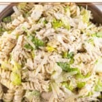 Overhead shot of chicken caesar pasta salad in a brown bowl.