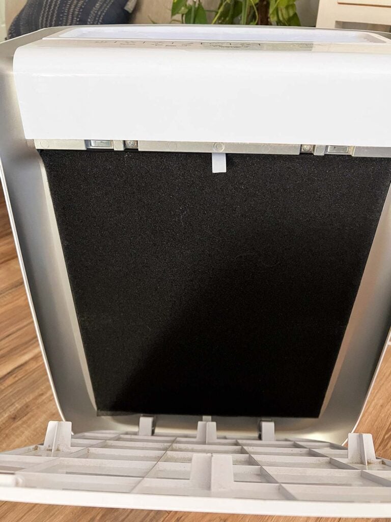 Inside of an air purifier showing a clean filter.