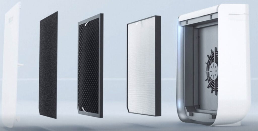 The inside of an AirDoctor showing the 3 different filters used that are inside the machine.