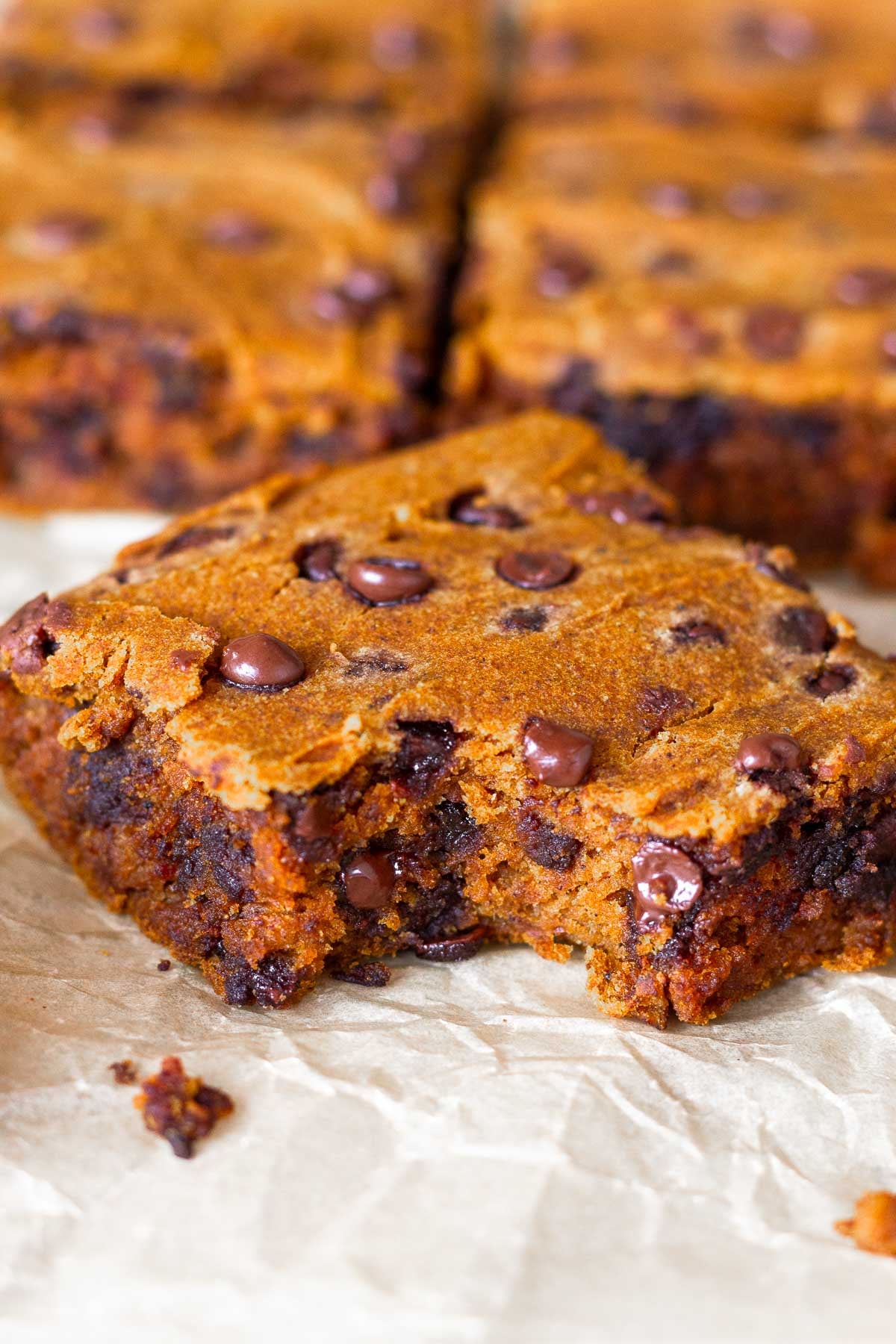 Close up of a pumpkin chocolate chip bar with a bite taken out of it. Behind it are more bars lined up.
