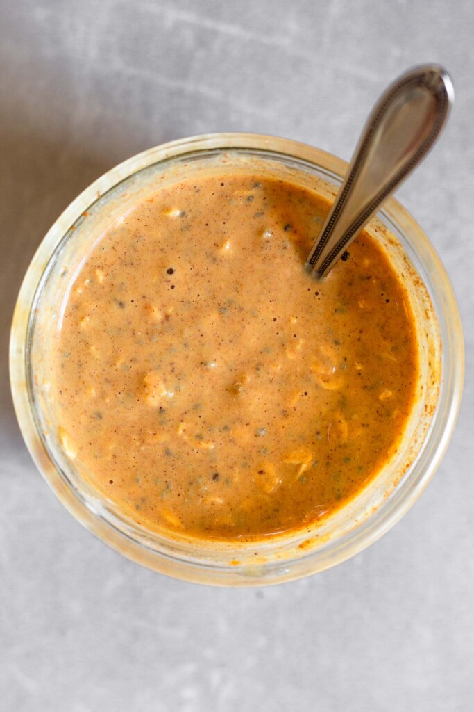 Overnight oats in a jar before they set in the fridge.