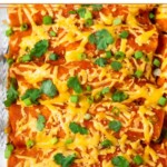 A large dish of buffalo chicken enchiladas with melted cheese. They are topped with cilantro and green onions.