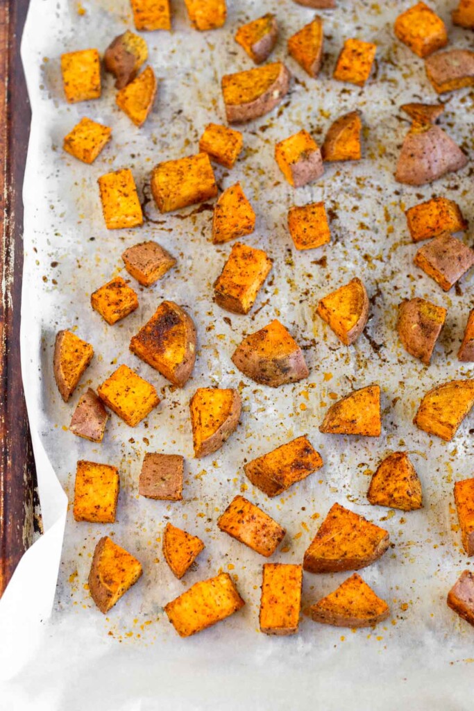 A pan of roasted cubed sweet potatoes.