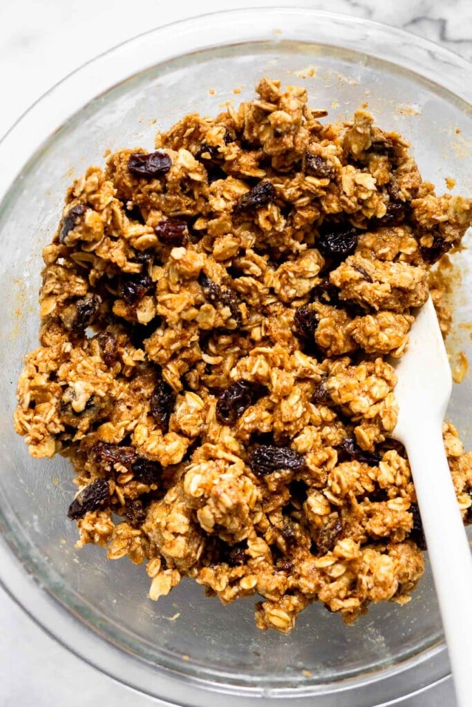 A bowl filled with a wet mixture of oats and raisins with a white spatula in it.