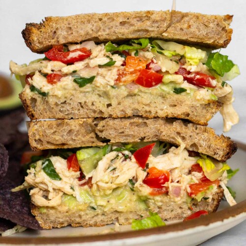 Two halves of a chipotle chicken salad sandwich with lettuce and avocado stacked on top of each other on a plate.