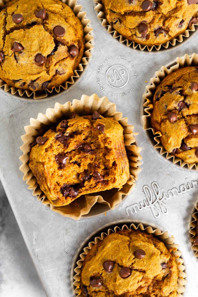 An overhead shot of chocolate chip pumpkin muffins in a muffin tin. One of the muffins is turned on its side with a bite taken out of it.