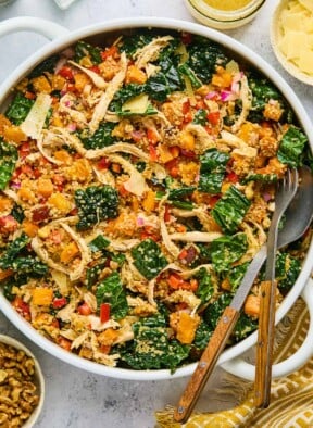 Chicken quinoa salad with butternut squash, kale, and vegges in a large white bowl. There is a fork and spoon in the bowl as well. Around the bowl is a a gold and white kitchen towel, a bowl of walnuts, a salt and pepper shaker, a jar of dressing, and a bowl of shaved parmesan cheese.