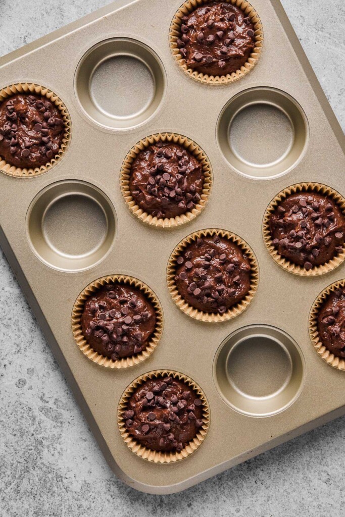 Muffin tin filled with uncooked chocolate muffin batter with chocolate chips sprinkled on top of the batter.