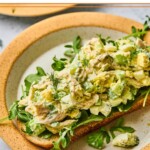 Chicken and egg salad on top of some arugula on a piece of toast on a plate. It is topped with fresh dill.