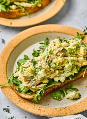 Chicken and egg salad on top of some arugula on a piece of toast on a plate. It is topped with fresh dill. In front of the plate is a striped kitchen towel and behind the plate is another plate with chicken salad on toast on it.
