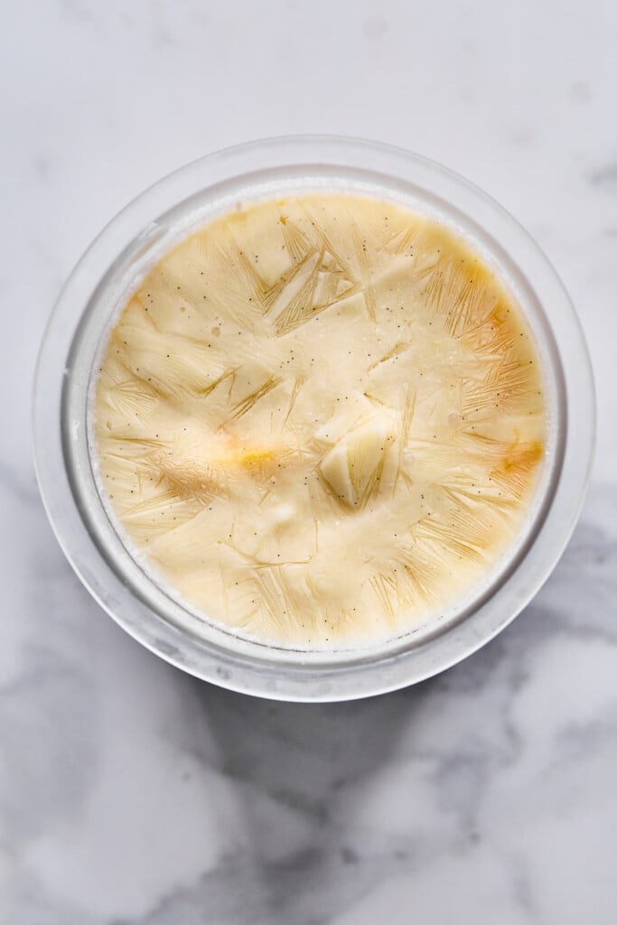 A frozen mixture of greek yogurt and diced mangos in a pint container.