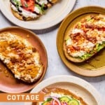 Four plates of cottage cheese toast with different toppings on each one. One has sliced tomato, balsamic glaze, and basil on it. Another has smashed avocado, chili oil, and honey on it. The third one has sliced cucumber, smoked salmon, red onion, dill, and everything but the bagel seasoning on it. The last one has peanut butter, honey, and cinnamon on it.