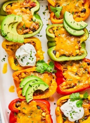An overhead shot of taco stuffed peppers with melted cheese topped with sour cream, avocado slices, and cilantro in a white casserole dish.