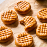No bake peanut butter cookies on a piece of parchment paper. One of the cookies has a bite taken out of it. There is a bowl of peanut butter behind them.