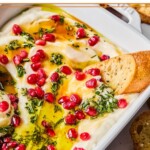 Whipped ricotta dip in a white serving dish topped with olive oil, fresh rosemary, pomegranate seeds, and hot honey. A piece of crostini is dipped into the ricotta and around the pan is more crostini.