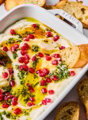 Whipped ricotta dip in a white serving dish topped with olive oil, fresh rosemary, pomegranate seeds, and hot honey. A piece of crostini is dipped into the ricotta and around the pan is more crostini.