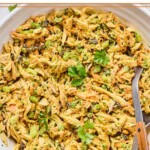 A large bowl of curry chicken salad with raisins, cashews, and veggies, garnished with cilantro. There is a spoon and a fork in the bowl as well.