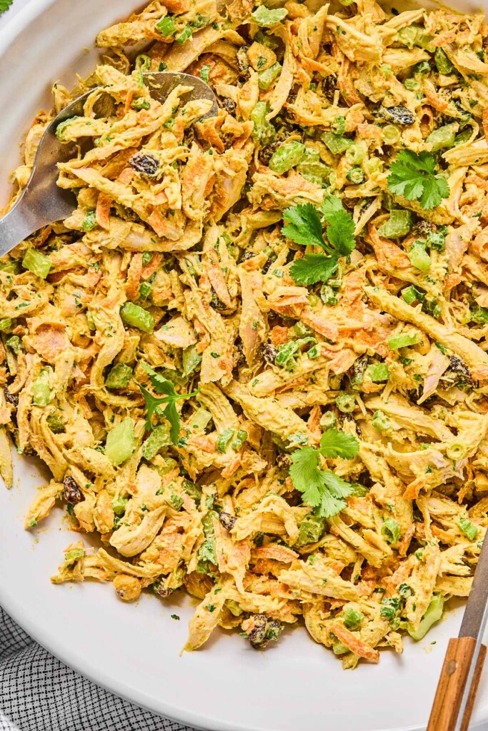A close up of curried chicken salad garnished with cilantro in a white bowl.