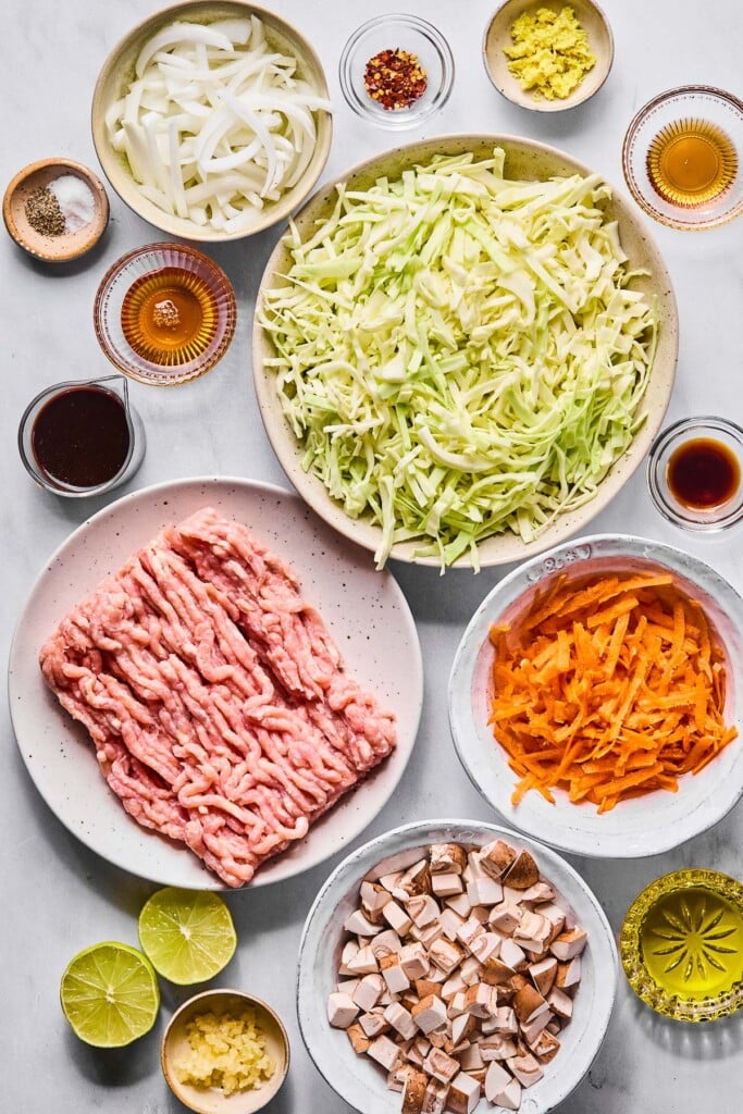 A small bowl of minced ginger, a small bowl of sesame oil, a large bowl of thinly sliced green cabbage, a small bowl of fish sauce, a bowl of shredded carrots, a small cup of olive oil, a bowl of diced mushrooms, a small bowl of minced garlic, a lime that has been cut in half, a plate with a pound of raw ground chicken on it, a measuring cup of coconut aminos, a small bowl of honey, a small bowl of salt and pepper, and a bowl of chopped onions on a white marble counter.