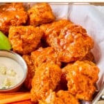 Air fryer boneless buffalo wings in a basket with carrot sticks, celery sticks, and a small ramekin of blue cheese dressing.