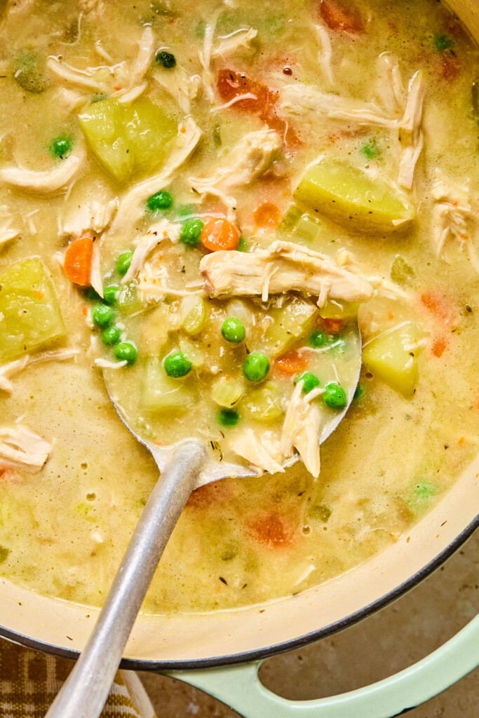 A close up of a large pot of chicken pot pie soup with a ladle in it.