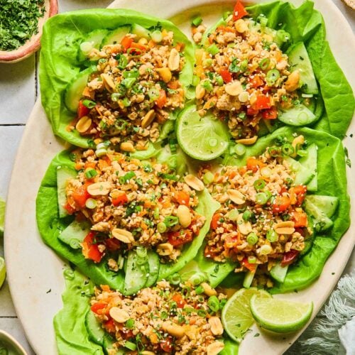 A plate of Asian chicken lettuce wraps with ground chicken, veggies, scallions, peanuts, and sesame seeds. Also on the plate are some lime wedges. Around the plate green kitchen towel, a bowl of sliced green onions, a bowl of cilantro, and a bowl of peanuts.